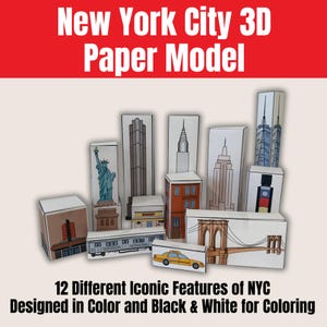 New York City 3D färbbares Papiermodell, Color & Build NYC Gebäude, druckbare Stadt Handwerk, STEAM-Kunst-Aktivität, digitaler Download