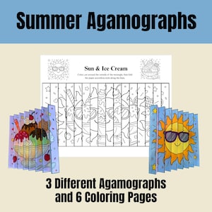 May include: Summer-themed agamographs with a sun and ice cream design. The image shows a central coloring page and examples of completed agamographs, displaying the alternating images. Text reads "Summer Agamographs" and "3 Different Agamographs and 6 Coloring Pages."