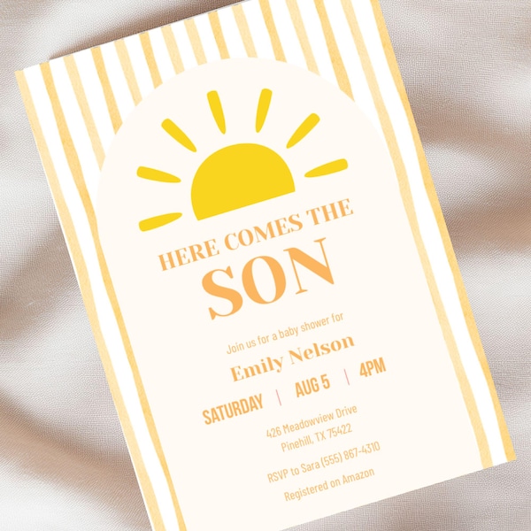 Invitación para baby shower "Aquí viene el hijo", invitación editable de Canva, plantilla de baby shower Boho Sun para el anfitrión, baby shower imprimible Sunshine