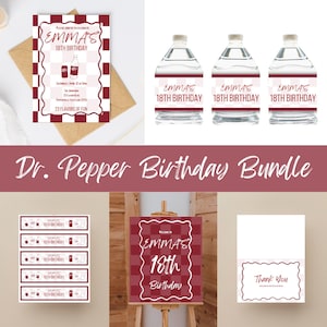 Bundle fête d'anniversaire Dr. Pepper, faire-part rouge, modèles numériques modifiables, plaque de bienvenue, étiquettes de bouteilles d'eau, cartes de remerciement
