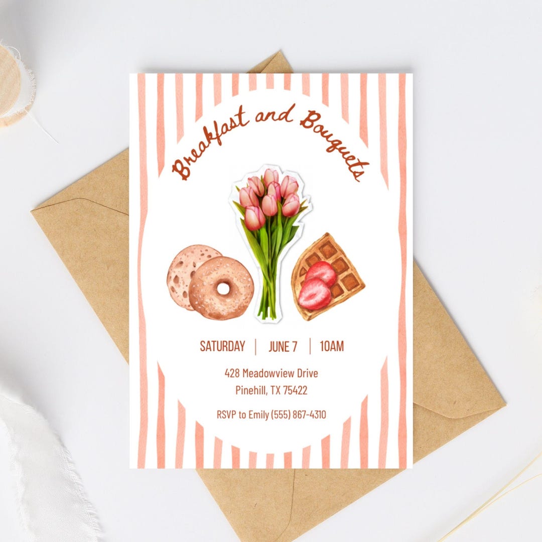 Spring Breakfast Invite Breakfast and Bouquets Invitation Template, Editable Canva Invite ...