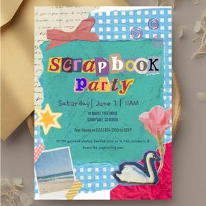 以下が含まれることがあります： 切り抜かれた文字スタイルで「Scrapbook Party」という言葉が書かれた、カラフルなスクラップブックパーティーの招待状。招待状には日付、時間、場所、RSVPのリクエストが含まれています。装飾要素には、紙のリボン、星、白鳥が含まれています。
