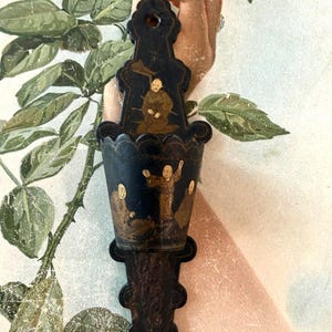 Antique Chinoiserie English Papier Mache Black Lacquer Wall  Pocket For Matchers Striker Asian Characters