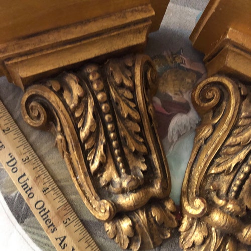 Pair Vintage Florentine Lux Brilliant Gold Gilded Gilt Scrolled Wall shops Brackets Display Shelves