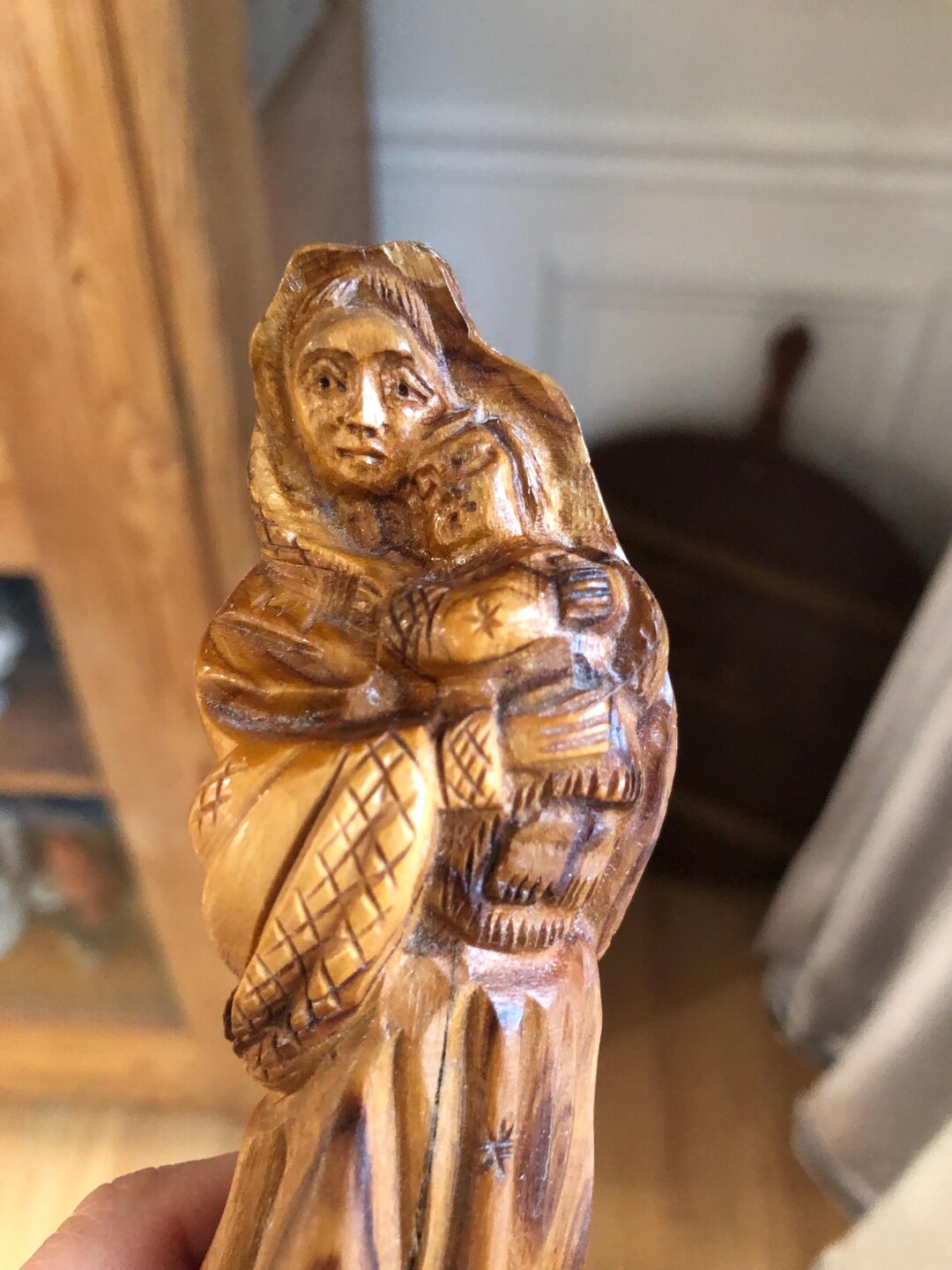 Vintage Religious Statue Olive Wood Hand Carved Madonna & Child Virgin ...