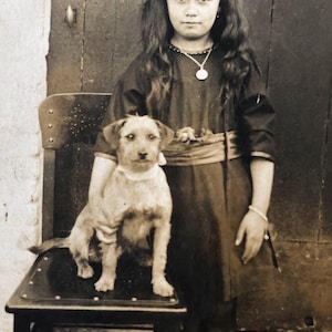 Antique Postcard Real Photo Postcard RPPC French Portrait of Darling Long Haired Beauty With Her Adorable Dog French Postcard