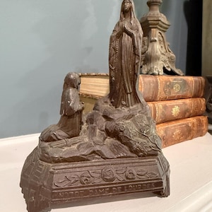 Antique French Religious Statue Apparition Notre Dame de Lourdes Marie Madonna Bernadette Reliquary Signed Our Lady of Lourdes