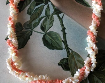 SALE Vintage Natural Coral & Shell Chip Twisted Multi Strand Bead Necklace Fancy Clasp Chunky