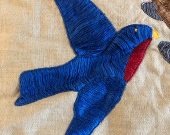 Fabulous Antique Crewel Work Needlework Textile Bright Bluebirds of Happiness Pussy Willows Destash