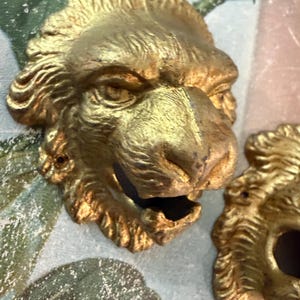 May include: Two gold-colored metal lion head wall mounts featuring detailed manes and facial features. Each lion head has an open mouth and a small circular hole at the top for mounting purposes, showcasing a metallic finish with visible texture.