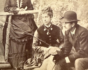 Interesting Antique Cabinet Card Photo Fishing Sewing Embroidery Antique Photograph
