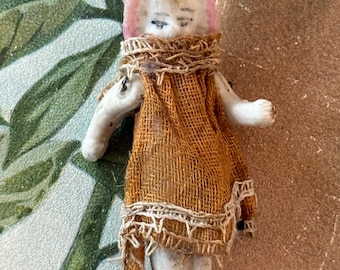 Tiny Miniature Bisque Frozen Charlotte Doll Movable Arms Stationary Legs Original Dress