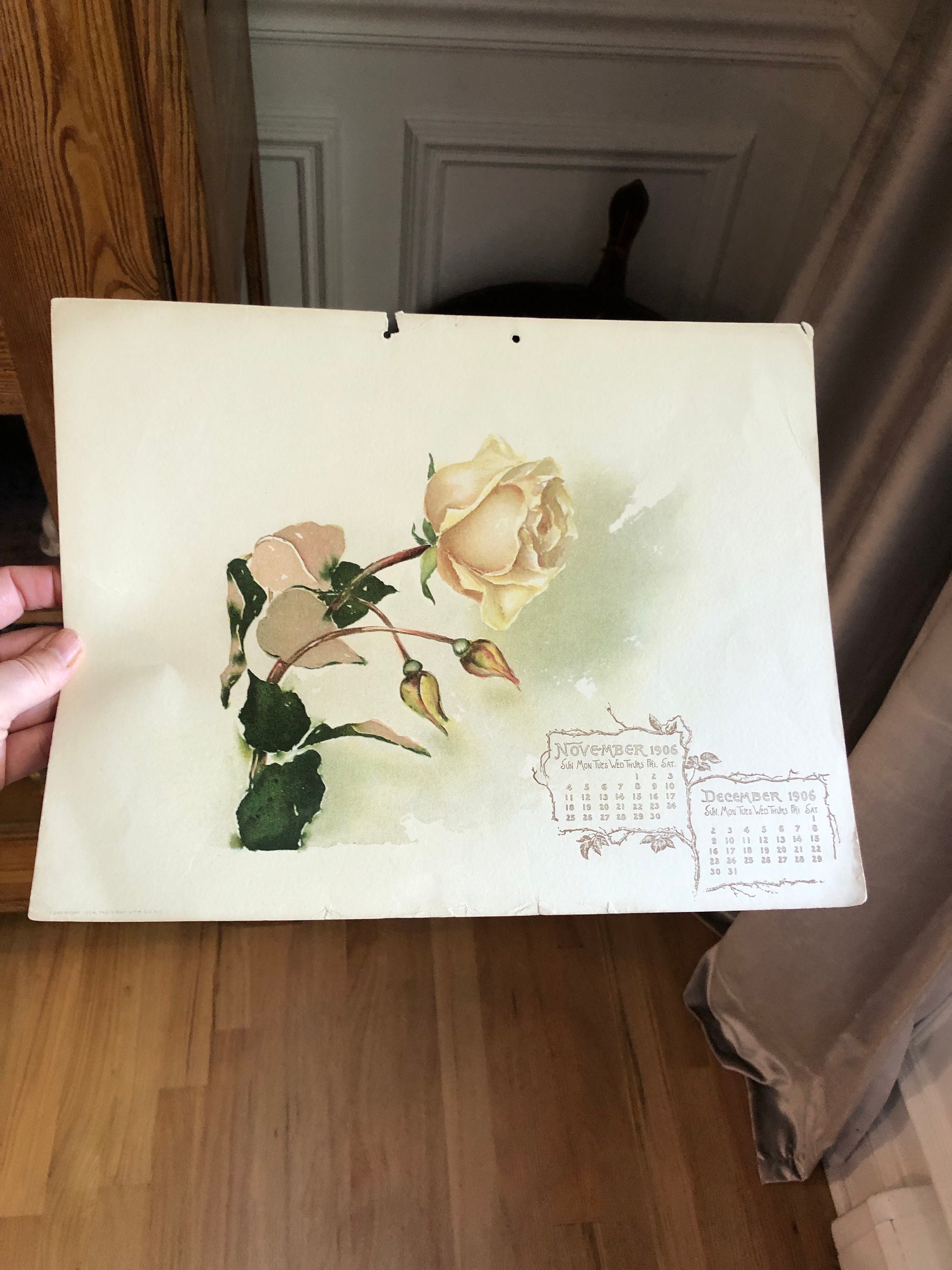 Antique 1908 Calendar Pages Stunning Roses Lithography Prints Birthday ...