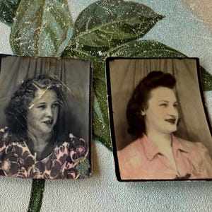 May include: Two vintage photographs featuring women. The left photo shows a woman with curly hair and a floral patterned top. The right photo depicts a woman in a pink collared shirt. Both photos have black borders and are slightly damaged.