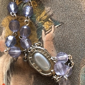 Original Vintage French Our Lady of Lourdes Holy Water Relic Rosary Double Sided Connector Bernadette Pale Blue