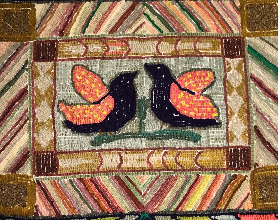 SUMMER SALE Vintage Hand Hooked Rug Folk Art Love Birds Fall Colors ...