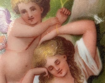 SALE Pretty Antique Plate German Austria Putti Cherubs Angels Decor Colorful Larger Size