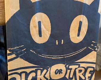 Adorable bolsa de papel vintage para Halloween con forma de gato y fantasma, años 40 y 50