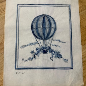 Vintage Watercolor Painting Original Rendering George Wells Folk Art Rugs Hot Air Balloon Original Art