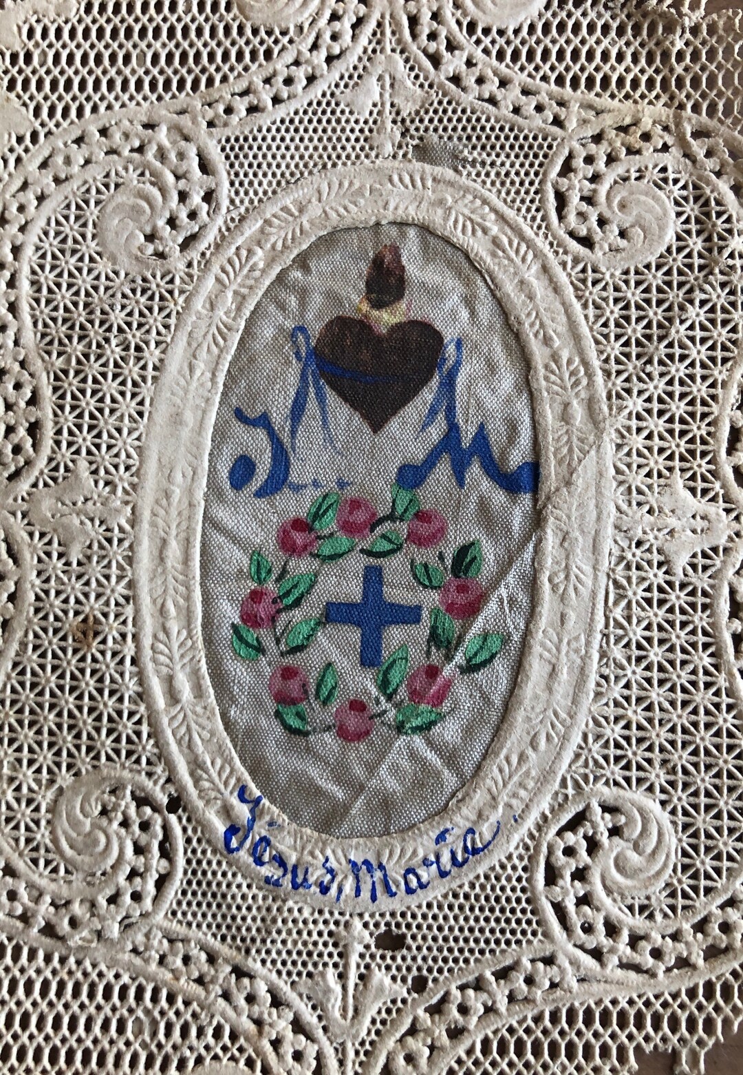 Antique French Religious Holy Card Marie Jesus Lace Fabric Sacred Heart ...
