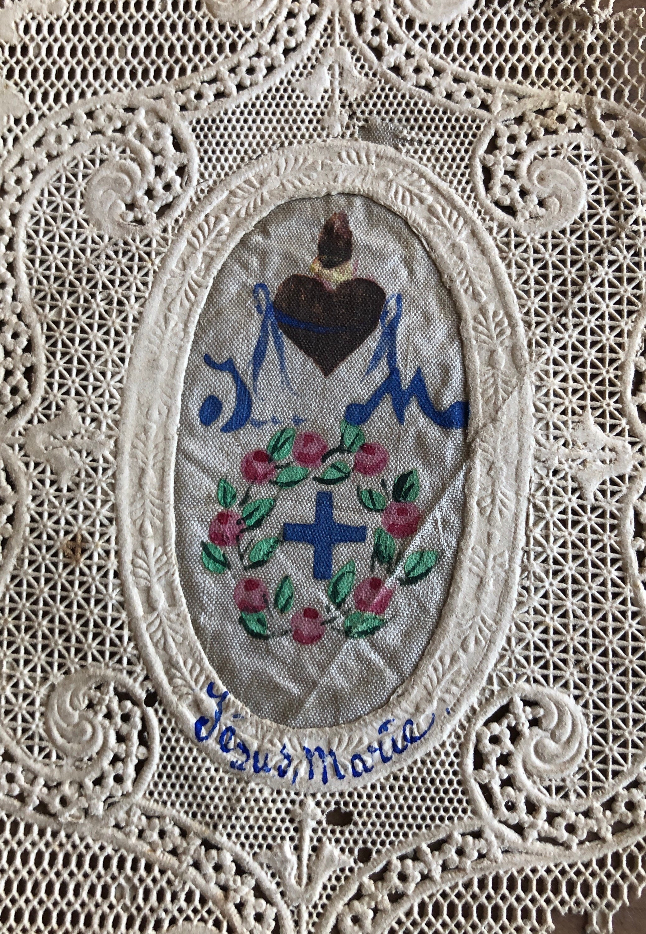 Antique French Religious Holy Card Marie Jesus Lace Fabric Sacred Heart ...