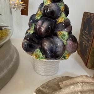 SALE Vintage Italian Majolica Pottery Topiary Plum Tree Basketweave Stand MCM Mid Century Decor