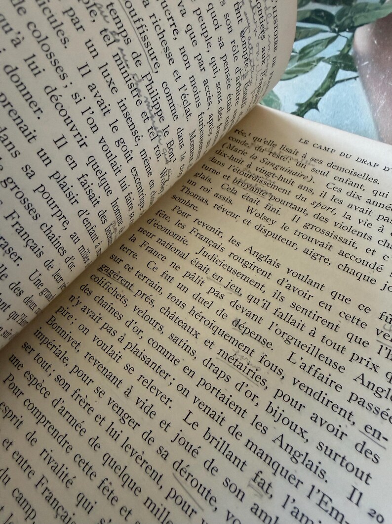 Puede incluir: Libro abierto con texto en franc&eacute;s, con p&aacute;ginas envejecidas y amarillentas. El texto est&aacute; en una fuente serif, con sangrado de tinta visible. El libro est&aacute; abierto para revelar dos p&aacute;ginas enfrentadas, con el texto llenando las p&aacute;ginas.