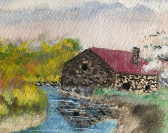 Vintage Watercolor On Paper Barn County Landscape Miniature Signed & Framed