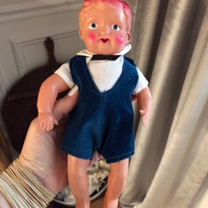 Adorable Vintage Celluloid Boy Doll Sweet Overalls Clothing 9 1/2” Japan As Is