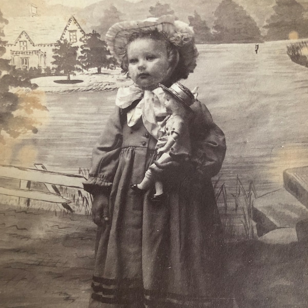 Fabulous Antique Cabinet Card Photo Sweet Girl Wonderful Doll Trompe L’oeil Background