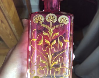 Fabulous Exquisite Antique Pink Perfume Bottle Art Nouveau Floral Tulip Gilded Hand Painted Design