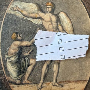 May include: An antique oval print depicts a winged figure with outstretched arm, and another kneeling figure. The figures are in a sepia tone, with a torn piece of paper obscuring part of the image. The print has an aged, vintage aesthetic.