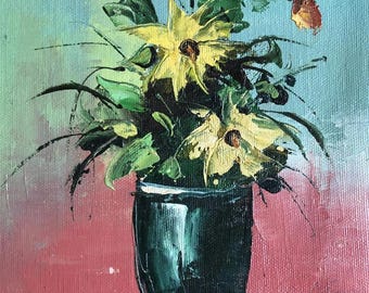 Pintura al óleo vintage MCM Art Floral Bodegón Impasto sobre lienzo Enmarcado Artista Firmado