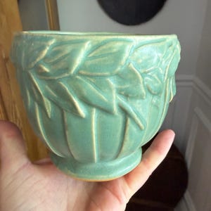 May include: A light green ceramic bowl with a leaf design around the rim. The bowl has a rounded shape with vertical lines and a small base. The bowl is held in a hand.