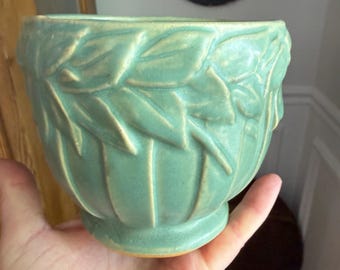 May include: A light green ceramic bowl with a leaf design around the rim. The bowl has a rounded shape with vertical lines and a small base. The bowl is held in a hand.
