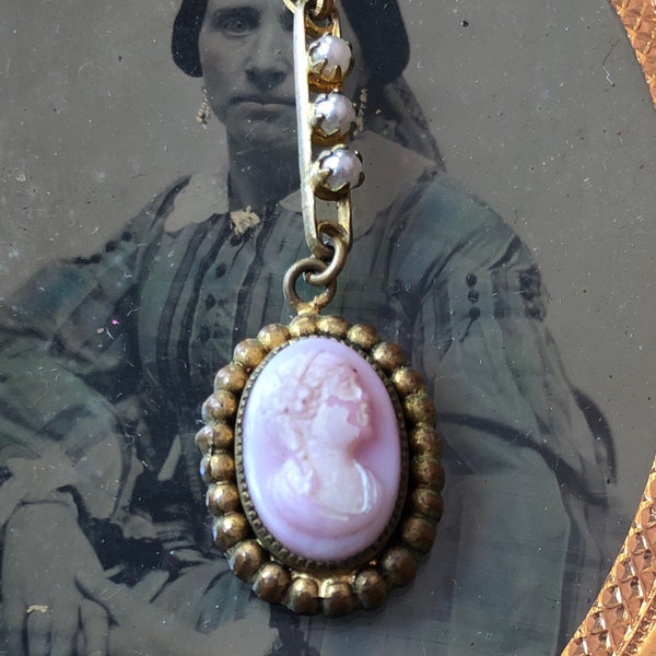 RESERVED FOR B ..Antique Victorian Lavalier Pendant Faux Seed Pearls Pink Milk Glass