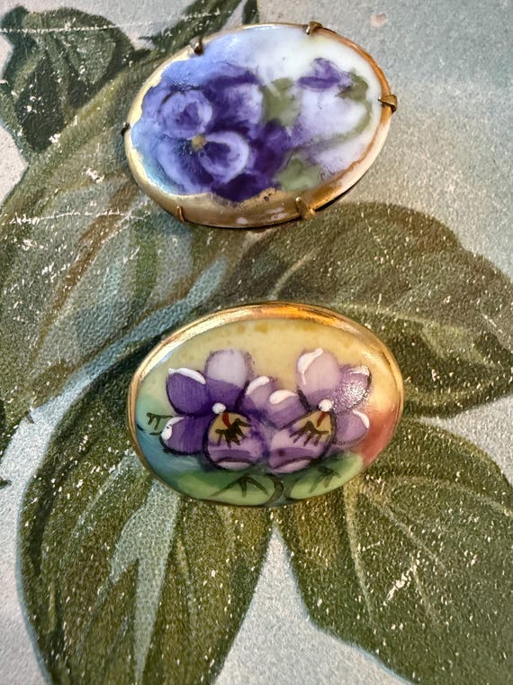 Two Antique Porcelain Brooches Victorian Brooches Pansies & Violets Victorian Jewelry