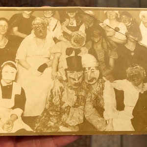 Scary Vintage Antique Victorian Halloween Photo Postcard RPPC Sepia Photo Crazy Masks