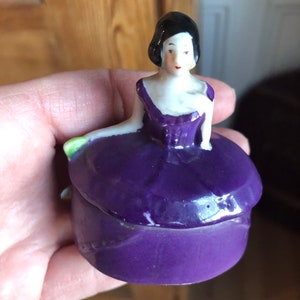 Antique Art Deco Porcelain China Lady 2 Piece Purple Powder Box Trinket Box