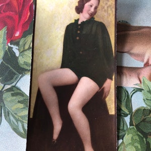 Antique Original Photo Risque Art Deco Ginger Haired Beauty Hand Colored Emerald Green Hot Pants