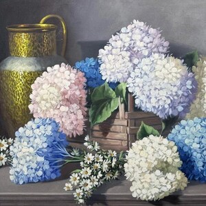 May include: A still life painting featuring a brass pitcher and a variety of hydrangeas in shades of blue, pink, and white. The flowers are arranged in a basket and on a table, with a few small white flowers scattered around the base.