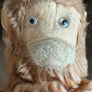 May include: Close-up of a vintage stuffed monkey with brown fur and a tan face. The monkey has large, clear plastic eyes and a stitched mouth. The fur is worn, giving it a well-loved appearance. The toy is a classic plush animal.