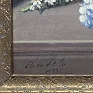 May include: A framed painting of a bouquet of white daisies and blue hydrangeas. The painting is signed "H.C. Lelio 1881" in the lower right corner.
