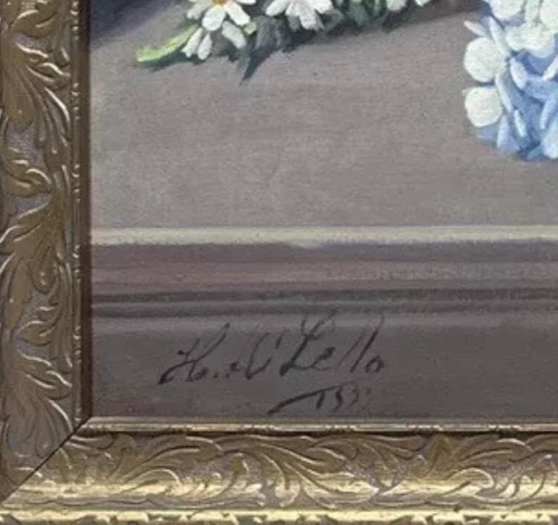 May include: A framed painting of a bouquet of white daisies and blue hydrangeas. The painting is signed "H.C. Lelio 1881" in the lower right corner.