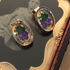 Sweet Vintage Carved Beveled Glass GP Clip On Earrings Painted Violets