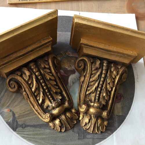 Pair Vintage Florentine Lux Brilliant Gold Gilded Gilt Scrolled Wall shops Brackets Display Shelves