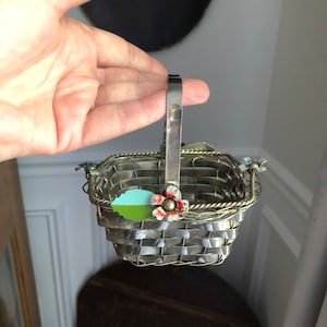 Vintage Tole Flowers Silver Metal Basket Openwork With Handle Sweet