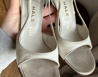 Vintage Designer Halston Kid Leather Sling Backs Open Toe Shoes 80’s 90’s Size 4 Italy Hard to Find Tiny Size Vintage Ladies Shoes Boxed