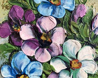 OFERTA Cuadro al óleo MCM Flores moradas y azules Naturaleza muerta Pinceladas gruesas Marco clásico MCM fabuloso 11 x 19 Cuadro floral
