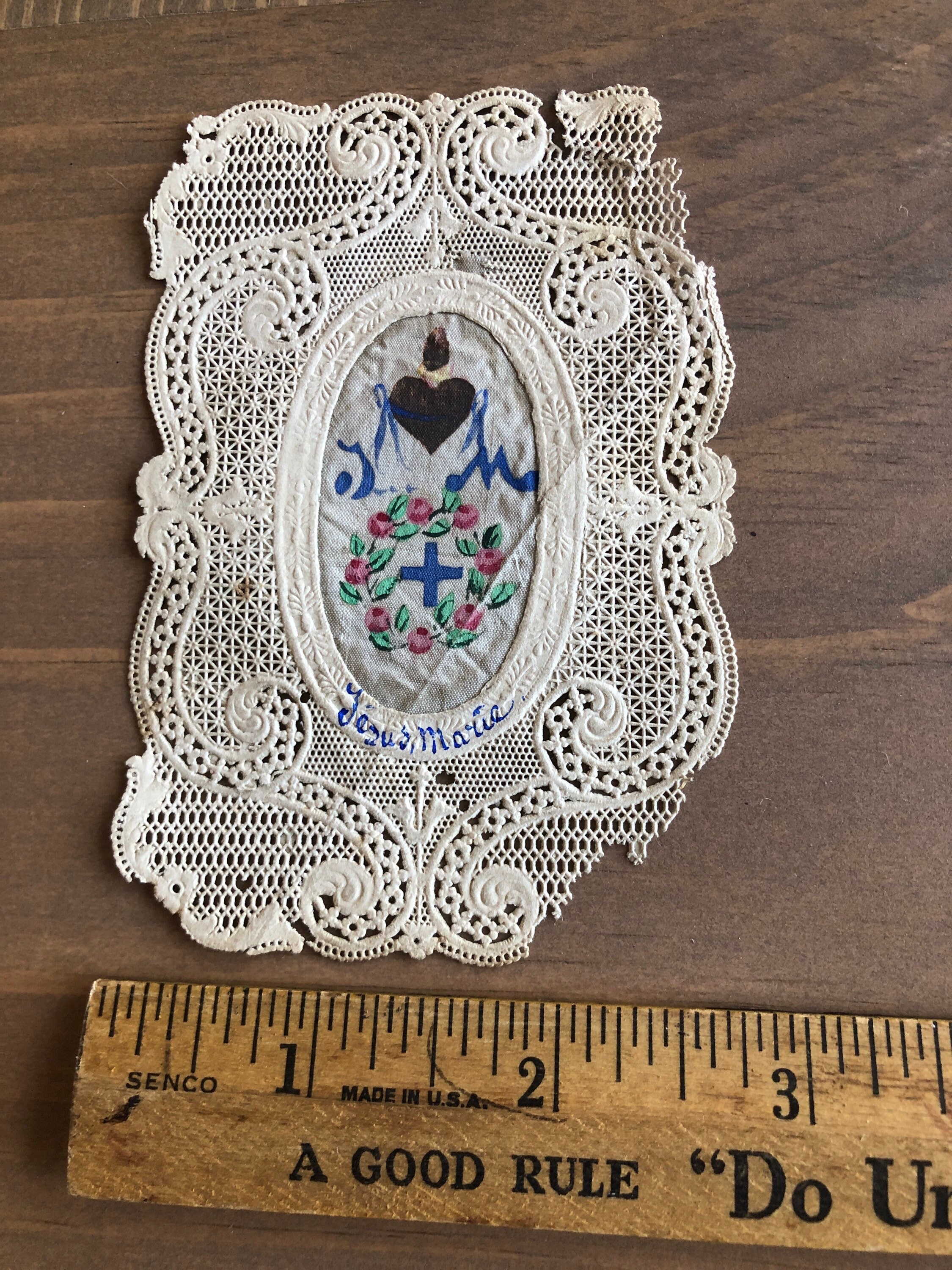 Antique French Religious Holy Card Marie Jesus Lace Fabric Sacred Heart ...